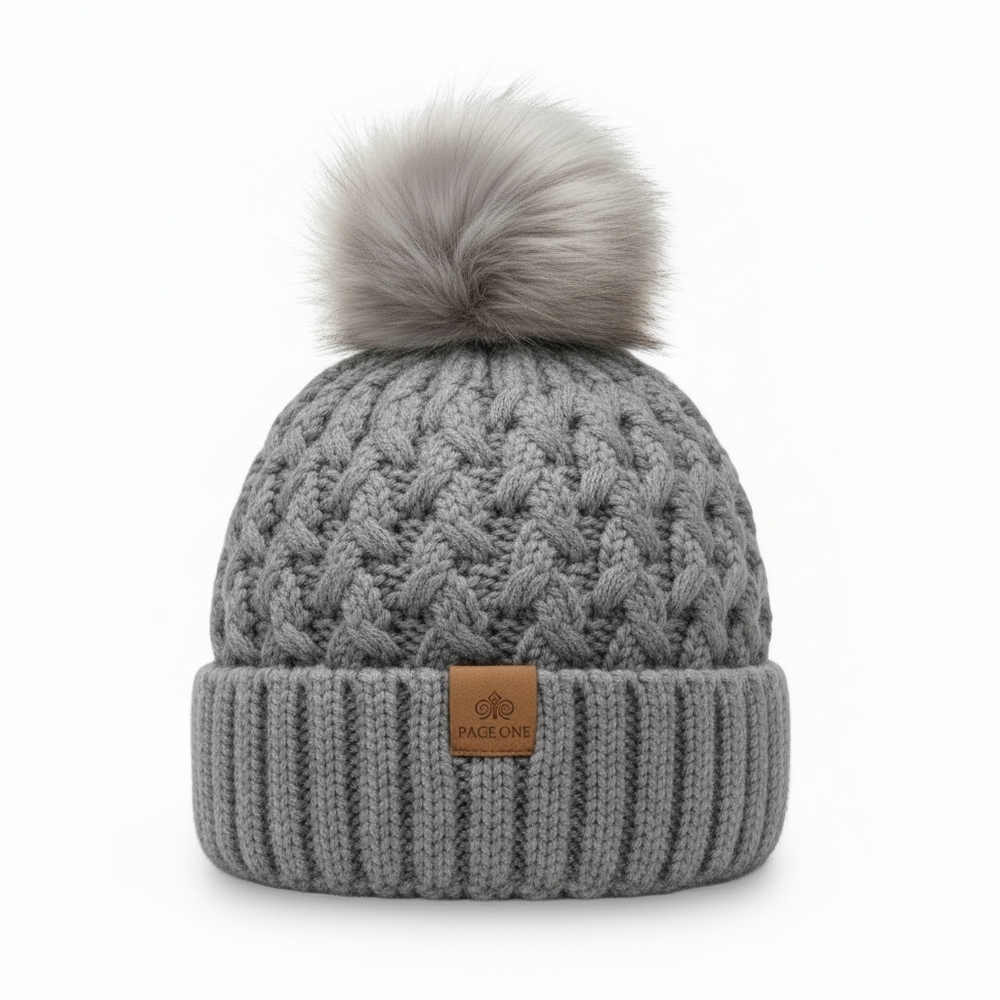 Page One Lined Benie Ribbed Cable Knit Pom Pom Gray Size OS
